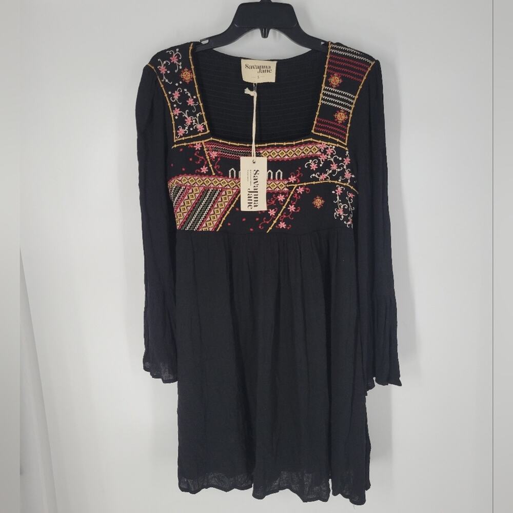 Savanna Jane Black Embroidered Long Bell Sleeve Mini Dress S